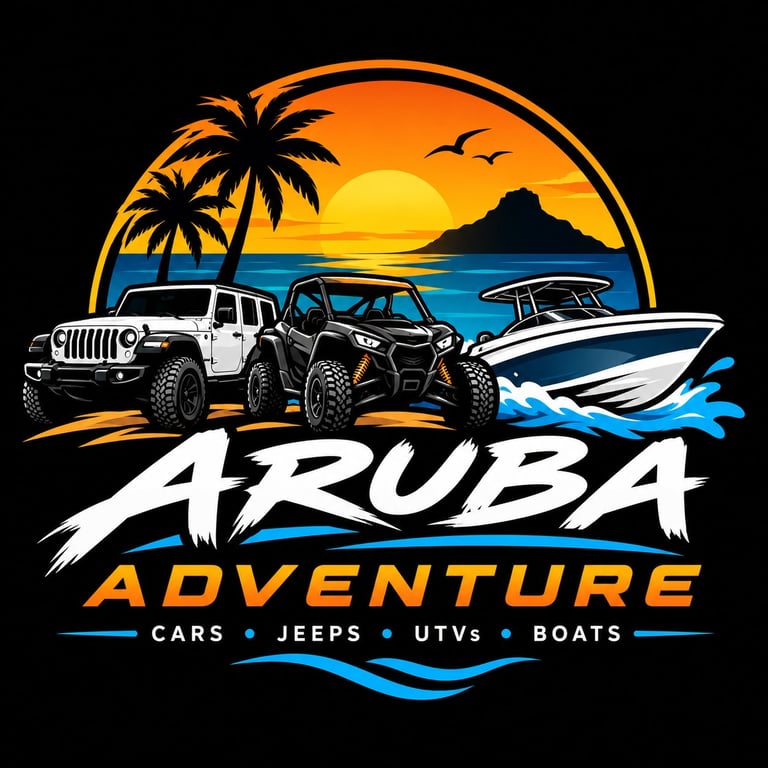 Aruba Adventure logo featuring a white jeep, black UTV, and speedboat with sunset beach scenery and palm trees on a circular badge