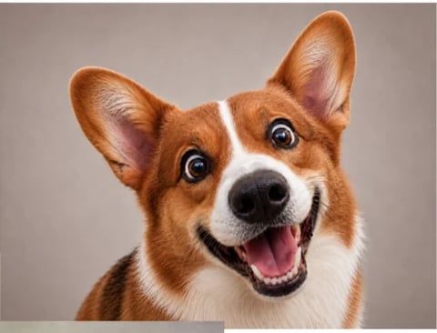 Happy Corgi with brown and white coat, large pointed ears, and tongue out, smiling at camera against gray background