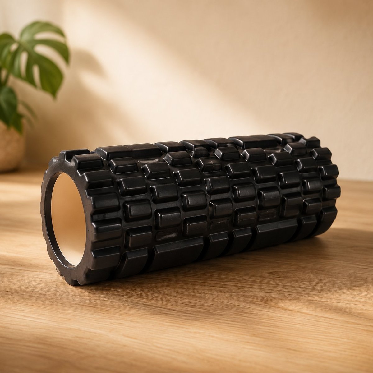 Black foam roller with textured surface on wooden floor next to potted plant