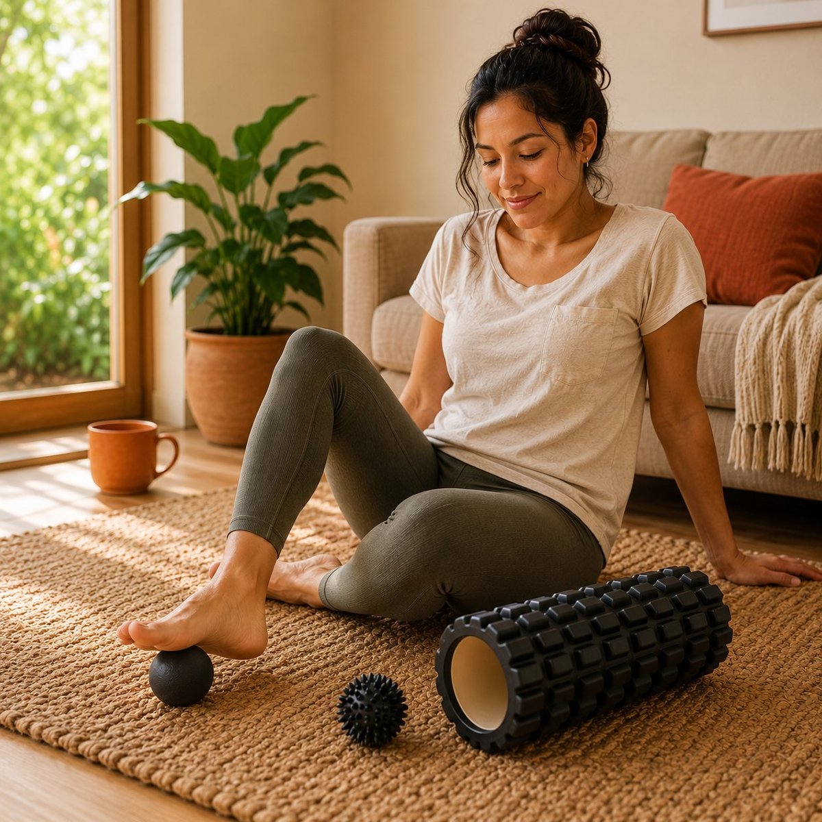 Woman sitting on floor using massage balls and foam roller during home workout with natural window lighting