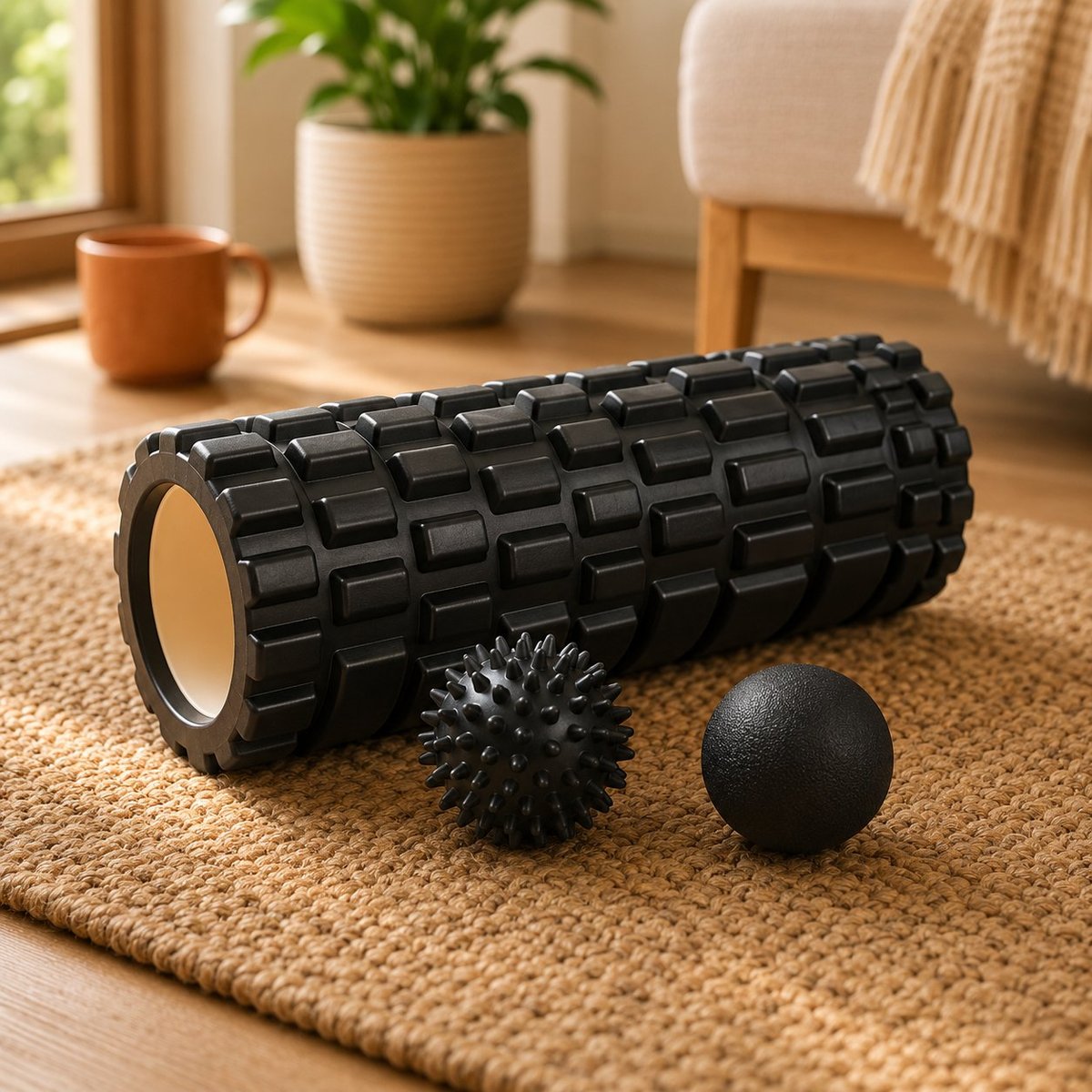 Black foam roller with two massage balls on a beige rug in a bright, minimalist room