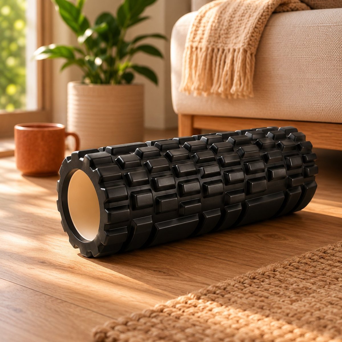 Black foam roller on wooden floor in bright living room with potted plant and beige couch in background
