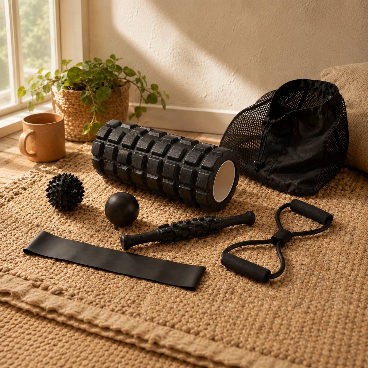 Collection of fitness equipment laid out on beige carpet including foam roller, massage balls, resistance band, and black mesh bag