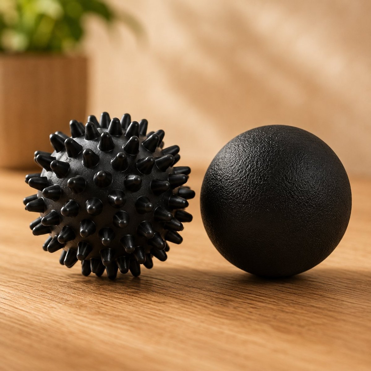 Two black massage balls on a wooden surface, one spiky and one smooth, with a potted plant in the background