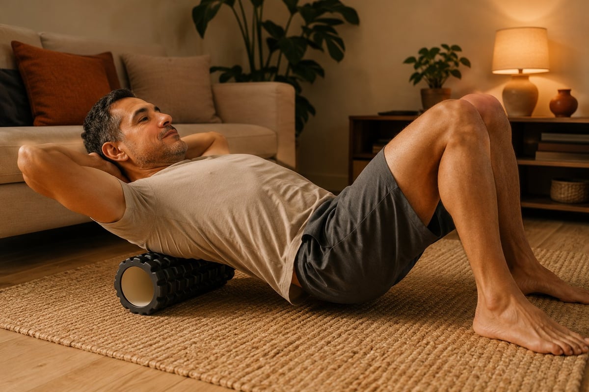 Man performing a foam roller exercise on his back in a living room with couch and plants in the background