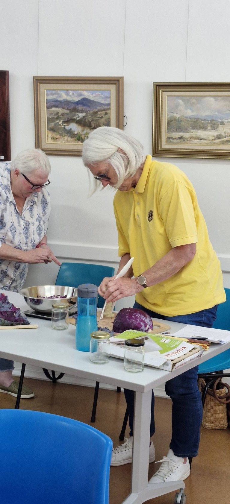 Two older adults with white hair cooking together at a table with vegetables and kitchen items, framed landscape paintings on wall behind them