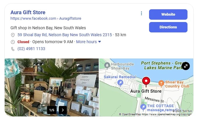 Aura Gift Store location details showing storefront photo, Nelson Bay address, phone number, and map marker in New South Wales
