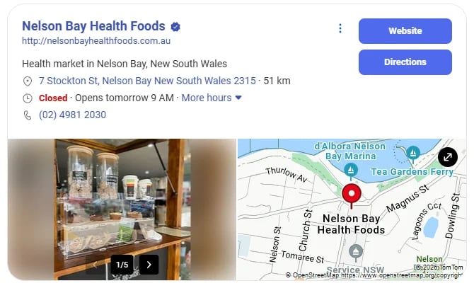 Nelson Bay Health Foods storefront and location map showing a health market in Nelson Bay, New South Wales