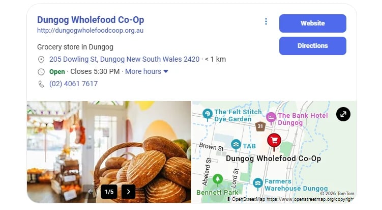 Dungog Wholefood Co-Op grocery store listing with fresh bread image and map location in Dungog, NSW