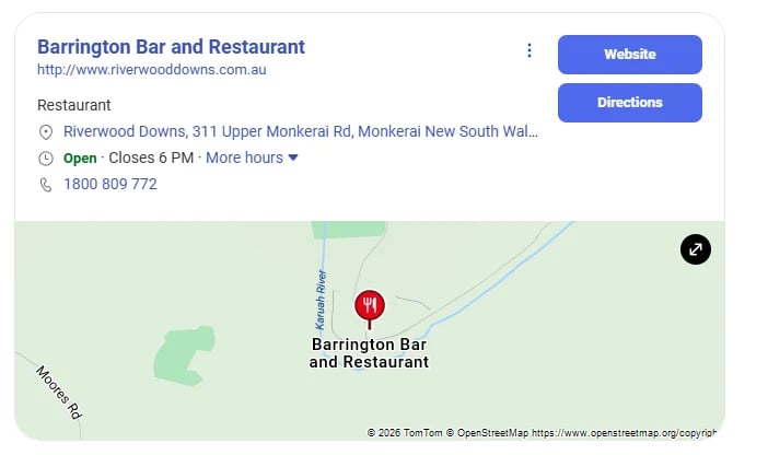 Business listing for Barrington Bar and Restaurant in Monkeral with map, address, hours, and contact details