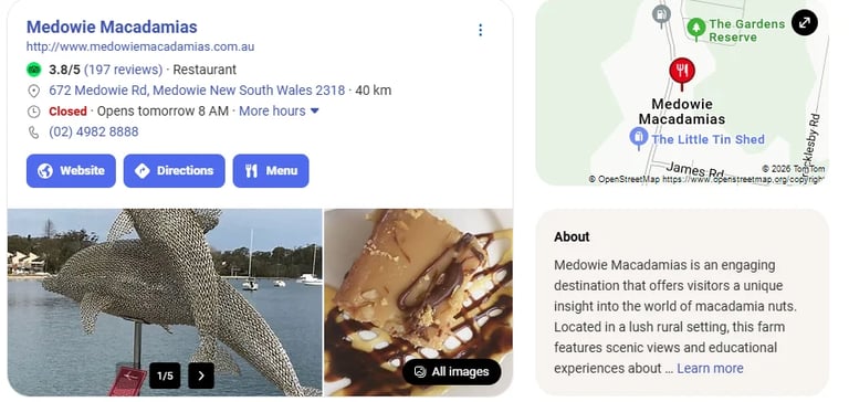 Medowie Macadamias restaurant webpage showing location info, ratings, contact buttons, and images of macadamia nuts and farm views
