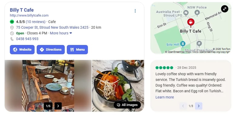 Billy T Cafe business profile showing location map, ratings, and photos of coffee and food dishes