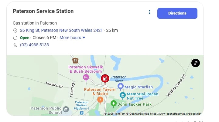 Map showing Paterson Service Station location at 26 King St, Paterson NSW 2421, 25 km away, currently open until 6 PM