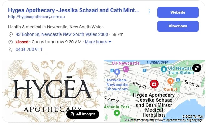 Hygea Apothecary business listing showing logo, location map, hours and contact details for Newcastle pharmacy