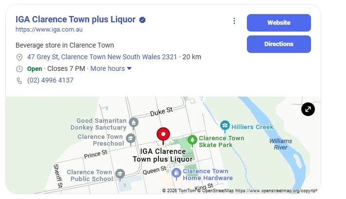 Google Maps listing for IGA Clarence Town plus Liquor beverage store in Clarence Town, NSW with location pin and nearby landmarks