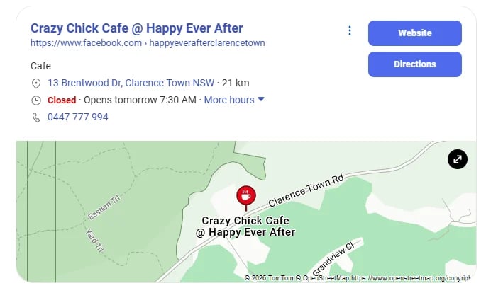 Google Maps listing for Crazy Chick Cafe at Happy Ever After showing location pin on Clarence Town Road, closed status, and contact details