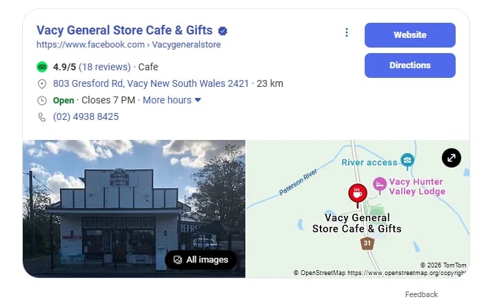 Google Business listing for Vacy General Store Cafe & Gifts showing storefront photo, 4.9 star rating, location in Vacy NSW, and map view