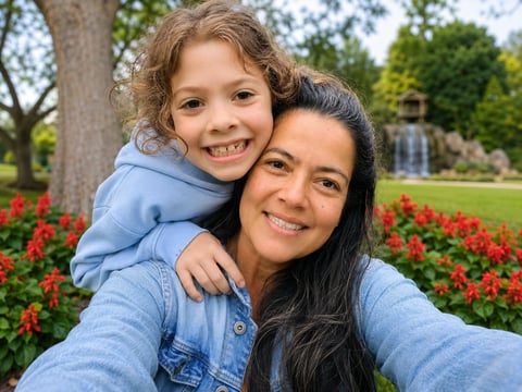 Woman and young girl smiling at camera in park with red flowers and green lawn in background