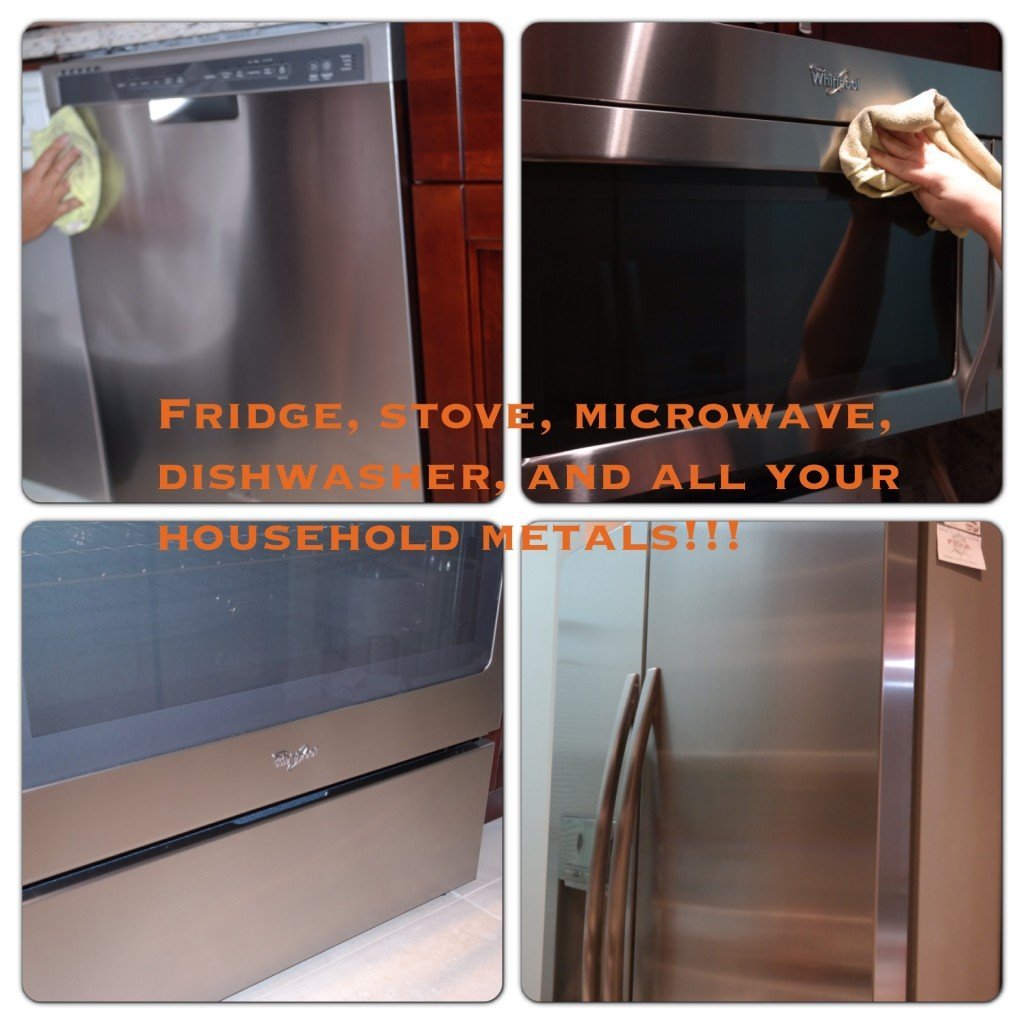 Collage of four stainless steel kitchen appliances including fridge, stove, microwave, and dishwasher with text promoting household metals