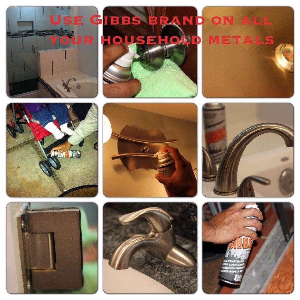 Gibbs Brand metal cleaner and polish product demonstration grid showing kitchen sink, cleaning cloths, power tools, faucets, and polished metal surfaces