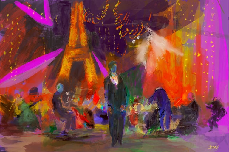 Vibrant digital art of a man in formal attire standing before a glowing Eiffel Tower with colorful crowds and neon lights