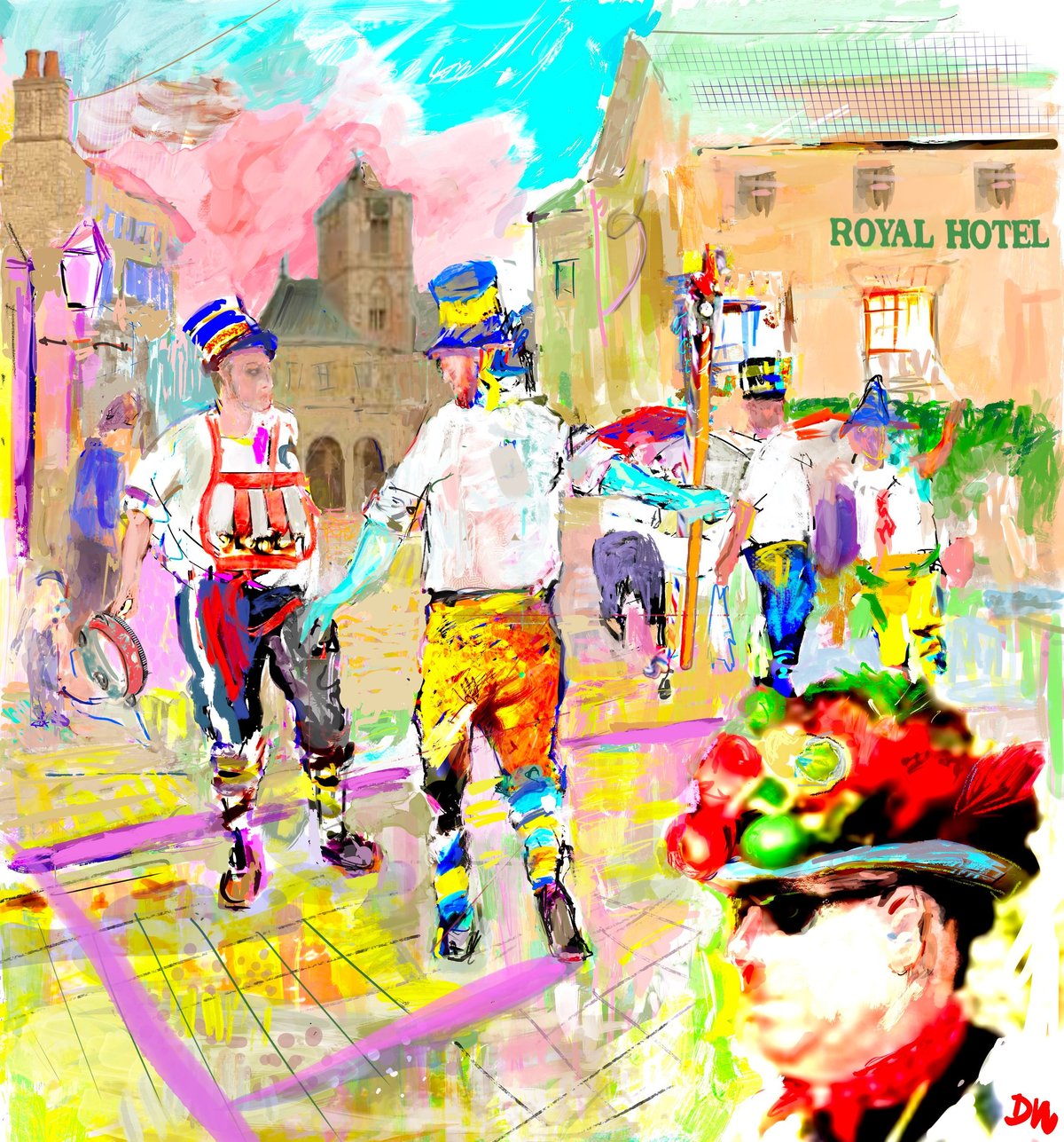 Vibrant pop art illustration of rollerbladers on a colorful street with historic buildings and blue sky