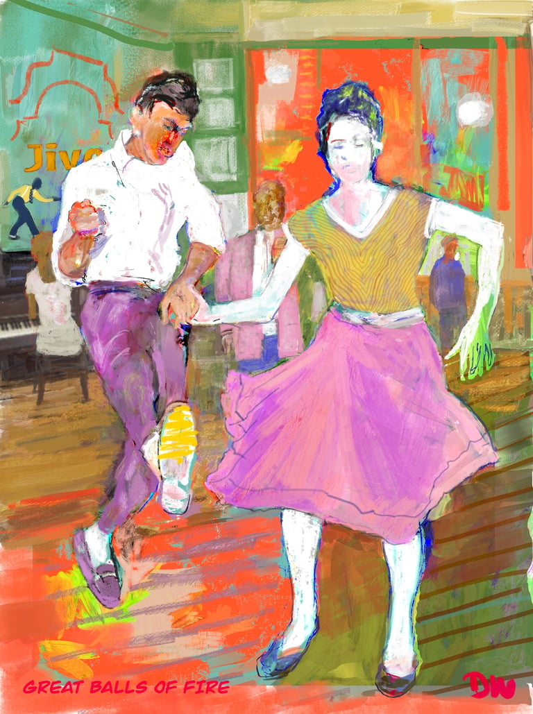 Vibrant painting of a couple dancing in a colorful interior space with bold reds, greens, and purples