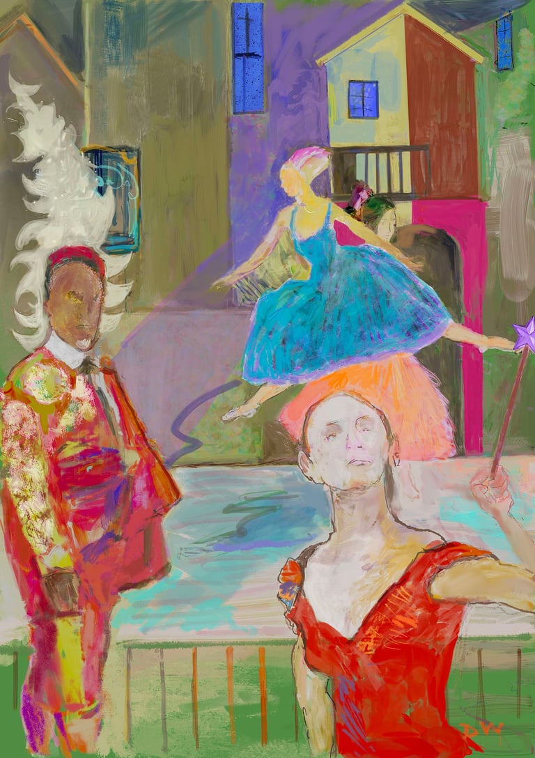 Abstract painting of colorful figures in an interior scene with vibrant blues, reds, and yellows depicting stylized people in a house-like space