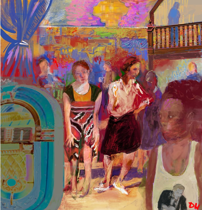 Colorful painting of people gathered in a vibrant interior with bold abstract patterns and architectural details
