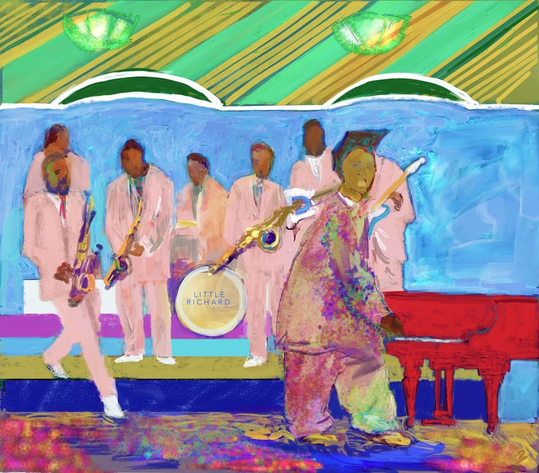 Colorful painting of a jazz band in pink suits performing on stage with a saxophone player in front and a red grand piano