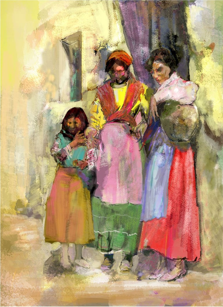 Watercolor painting of three women and a child in colorful traditional clothing standing in a narrow alleyway with pale yellow walls