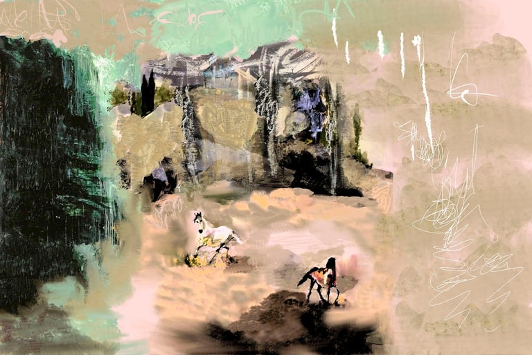 Abstract digital artwork depicting two figures exploring a surreal landscape with mountains, ruins, and muted pastel tones