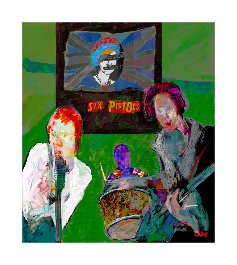 Vibrant artistic painting of Sex Pistols band members performing, with a iconic Queen Elizabeth portrait and bright green background