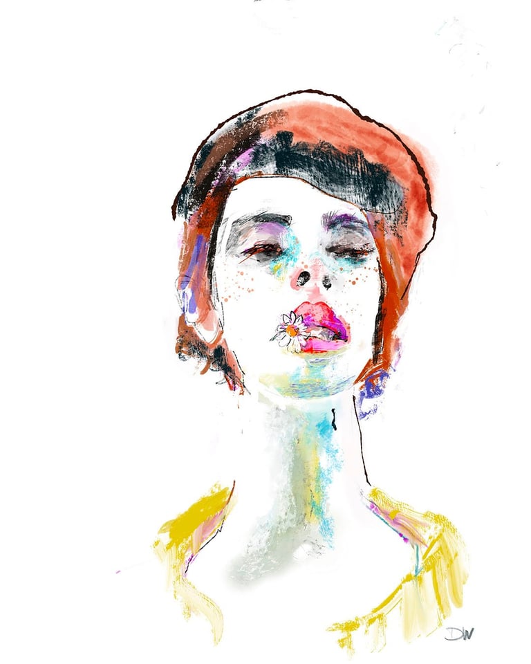 Watercolor portrait of a person wearing a red headband and yellow shirt, featuring vibrant mixed colors and expressive brushstrokes