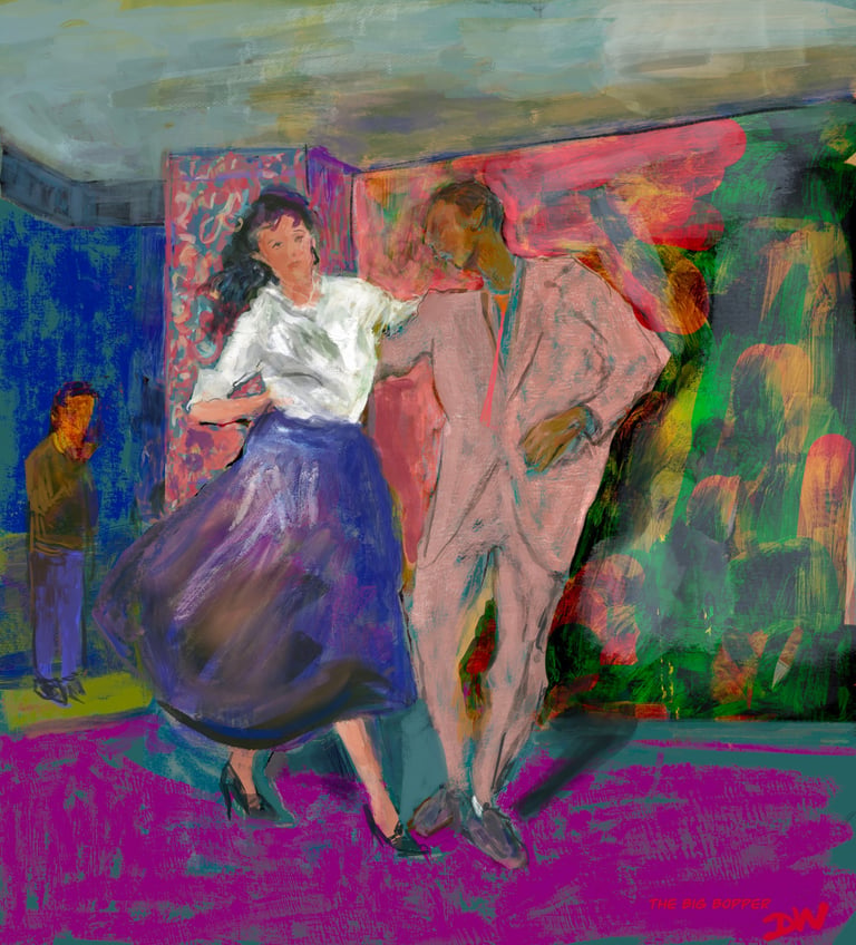 Abstract oil painting depicting two women in an interior space with vibrant colors including purple, pink, blue, and green hues
