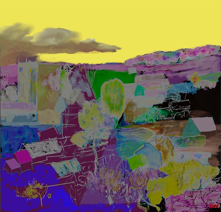 Abstract digital landscape with vibrant colors including purple, yellow, and magenta, featuring distorted buildings, trees, and terrain against a yellow sky