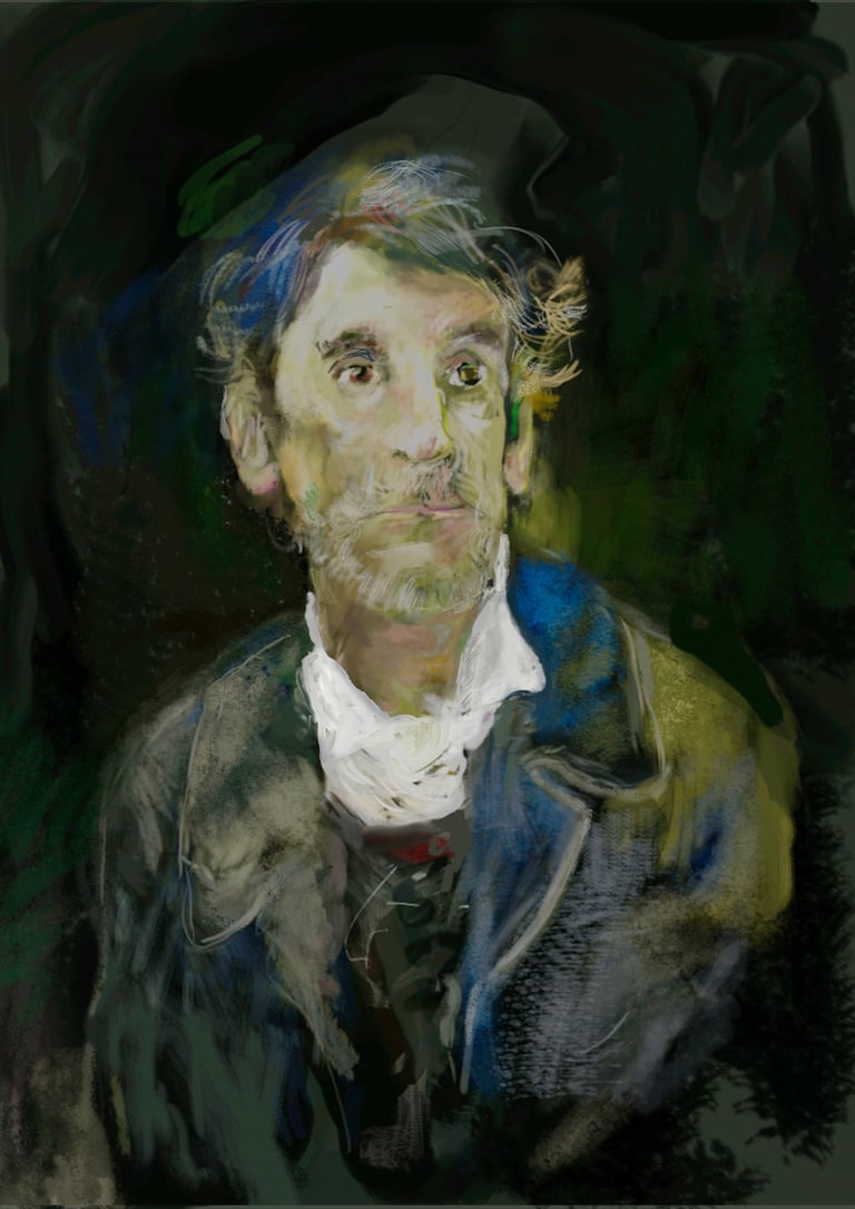Portrait of an elderly man wearing a blue hat and dark coat with white collar against a dark background