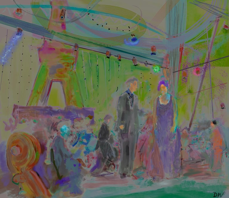 Abstract art installation with colorful transparent overlays, hanging strings, and painted figures in an immersive gallery space