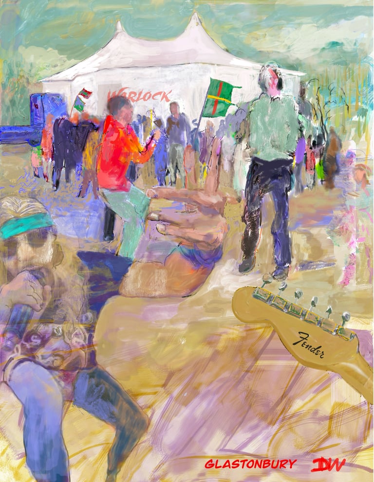 Abstract painting of a music festival with a guitarist in foreground, white festival tent, and crowds in colorful brushstrokes
