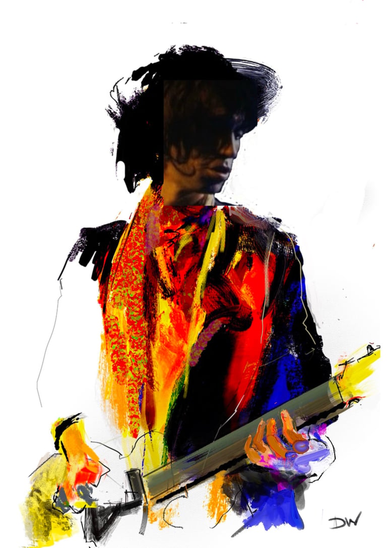 Artistic silhouette portrait of a musician with vibrant watercolor overlay playing an electric guitar