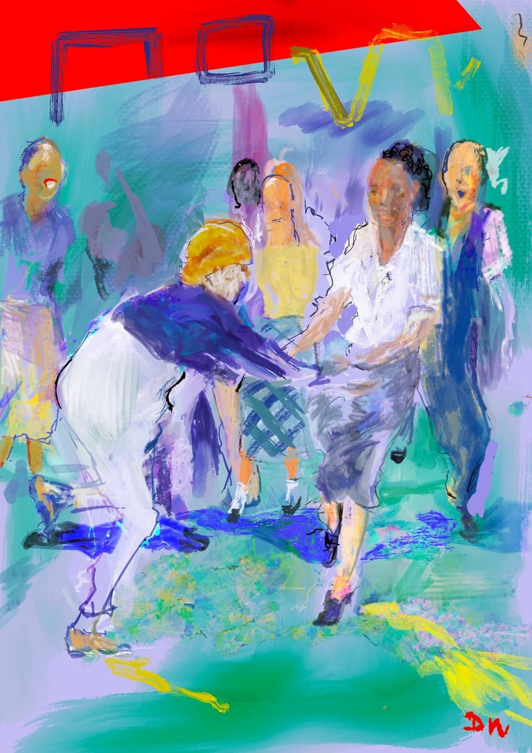 Abstract watercolor painting of multiple figures in a vibrant Lindy Hop dance scene with red, purple, blue, and green tones with geometric shapes