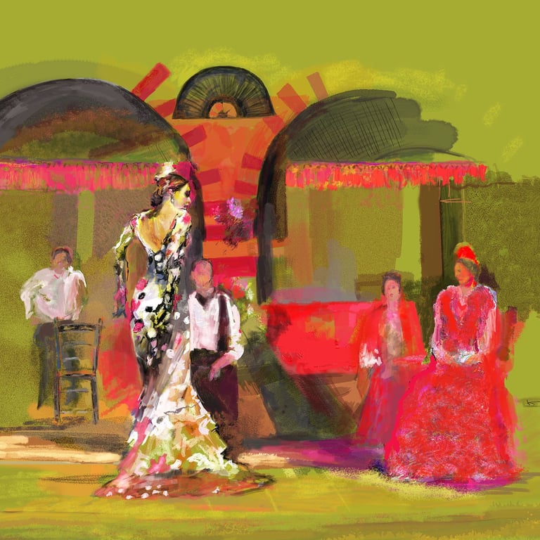 Artistic painted scene of people in colorful clothing at a festive gathering with vibrant yellow, red, and pink hues