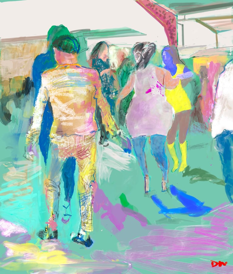 Abstract digital painting of figures in colorful attire standing in a bright, neon-toned indoor space with green and pink accents.
