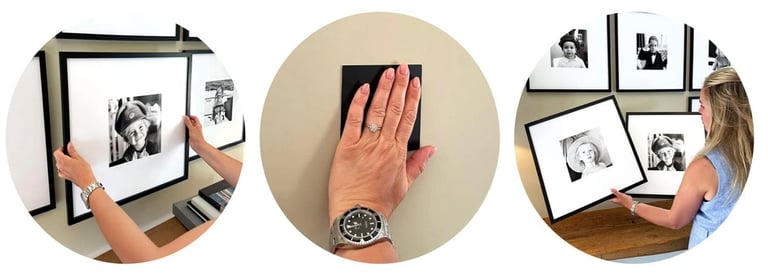 Three circular photos showing a light box with black and white photos, a hand touching a photo in the light box, and a woman organizing printed photos on a wooden table