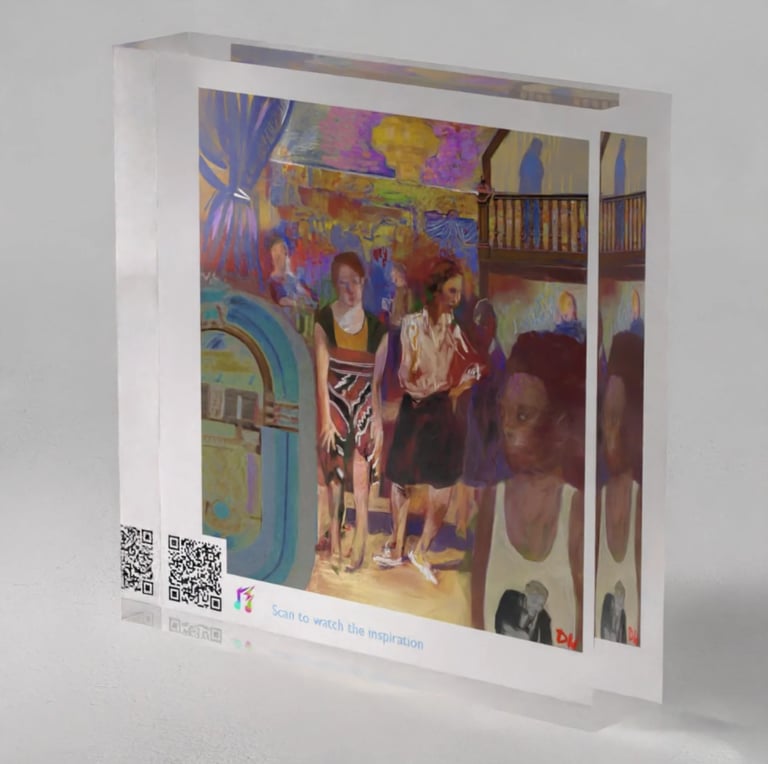 Polished acrylic block display showing artwork embedded inside a clear 3-dimensional cube with QR code label on the bottom left