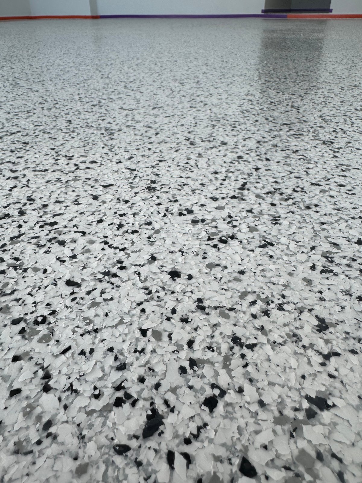 Close-up of a black and grey speckled flake floor with red and blue trim
