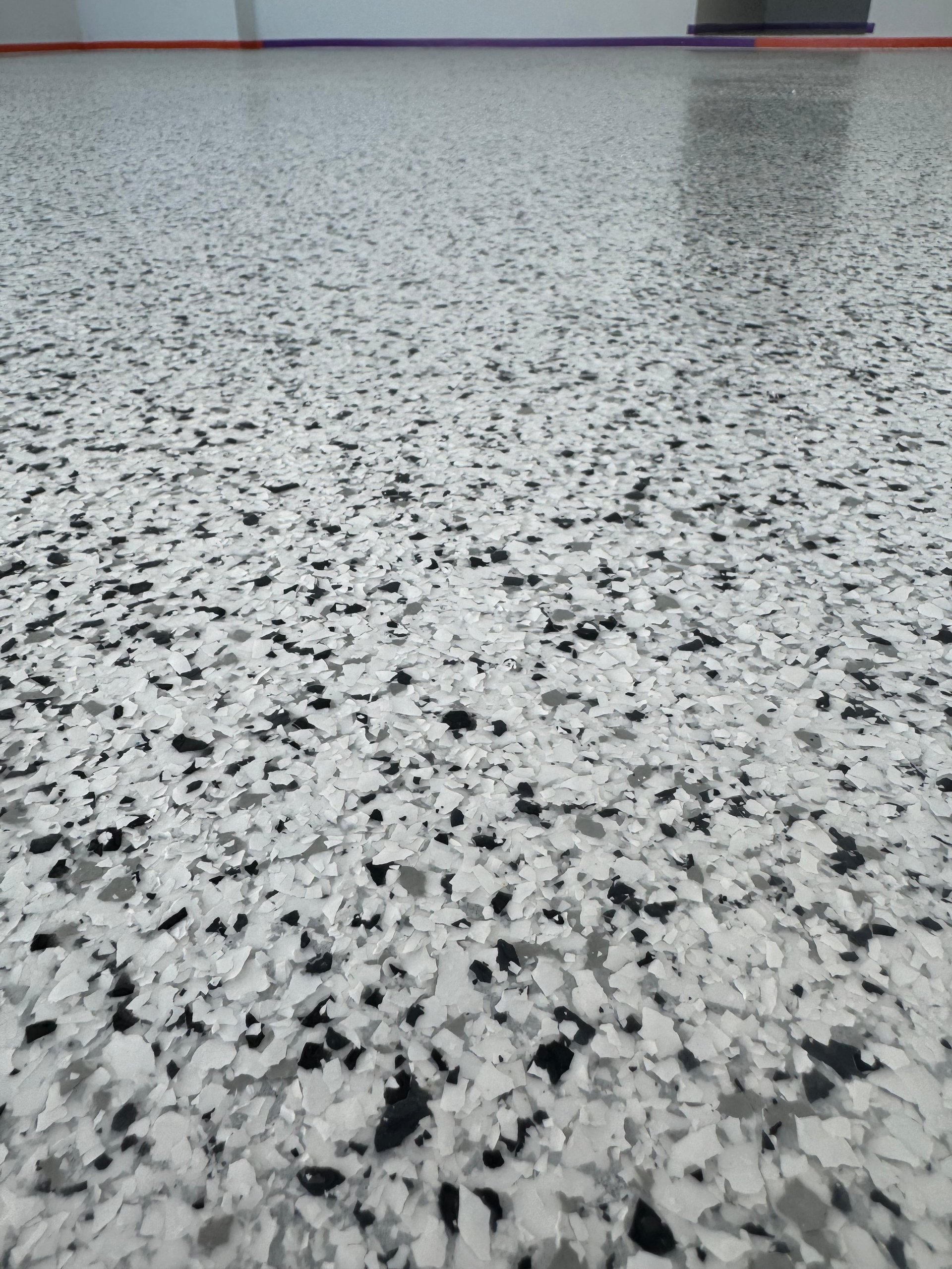 Close-up of a black and grey speckled flake floor with red and blue trim