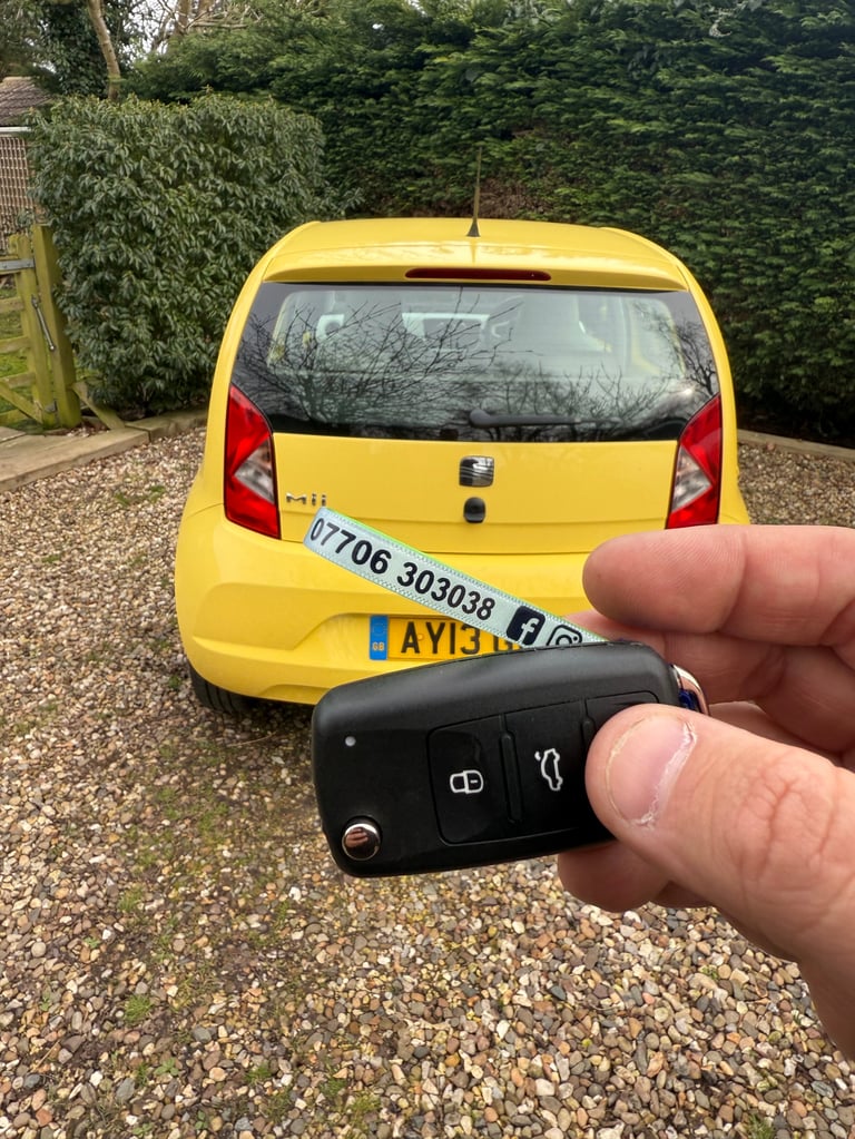 Hand holding a car key fob in front of a yellow taxi cab in a driveway