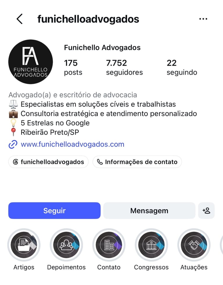 Perfil do Instagram do Funichello Advogados com 7.752 seguidores