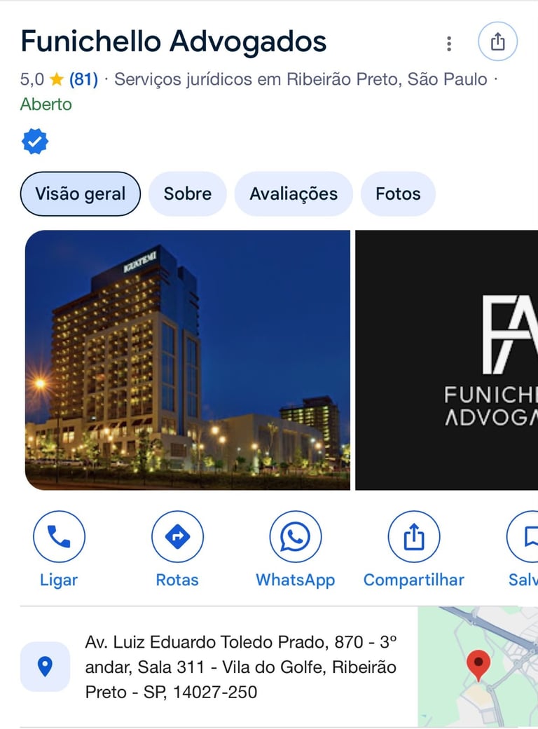 Perfil do Google Business do Funichello Advogados com avaliação 5,0 estrelas